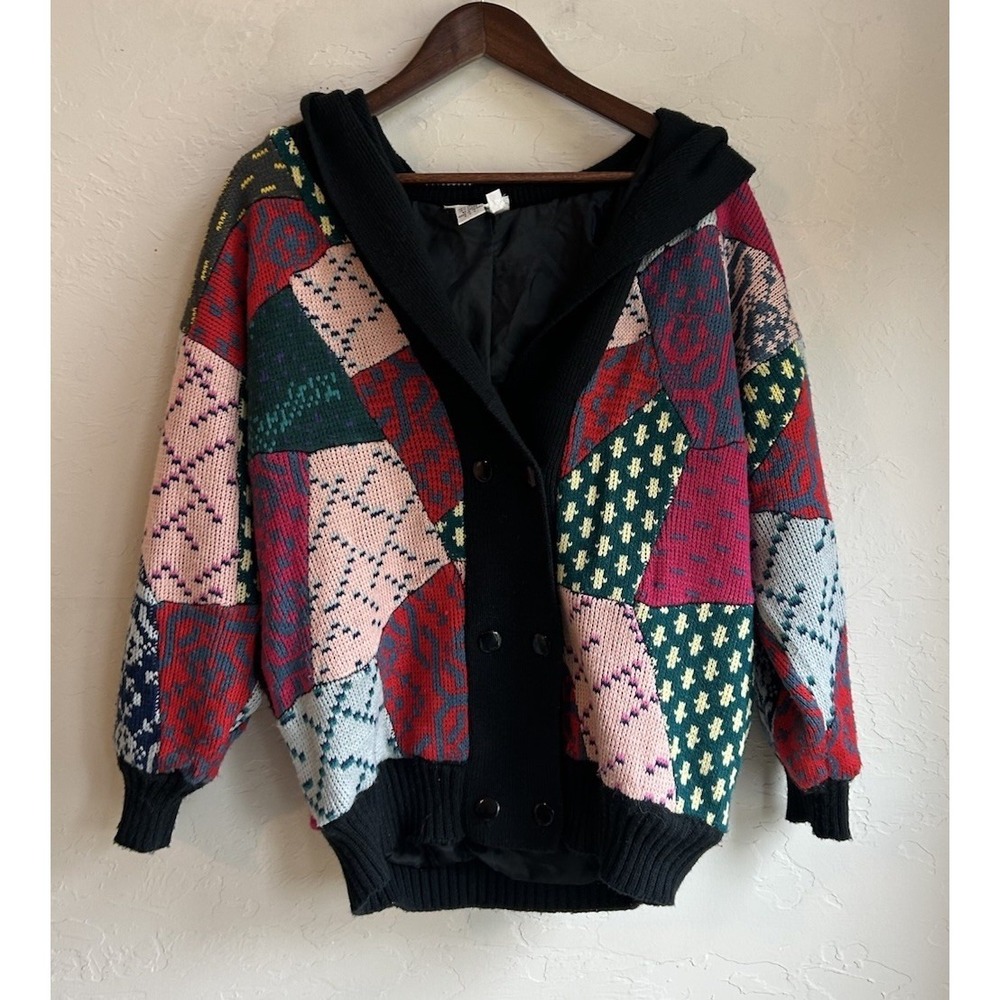 Vintage Lilly Of California‎ Patchwork Knit Sweater Hooded Cardigan Jacket S